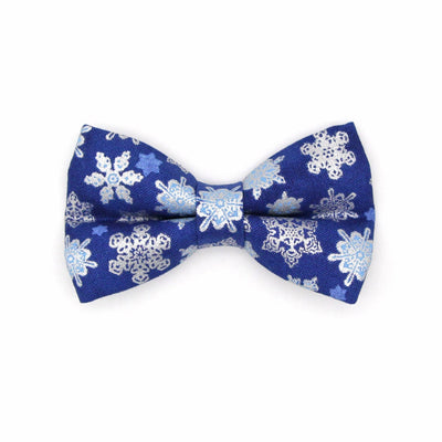 Pet Bow Tie - "Shimmering Snowflakes - Blue" - Metallic Silver & Blue Cat Bow Tie / Holiday, Winter Solstice / For Cats + Small Dogs (One Size)