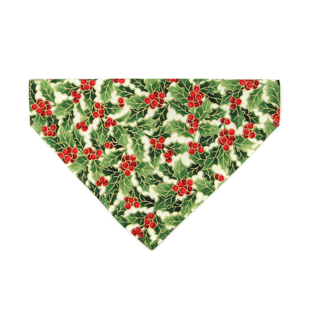 Pet Bandana - "Holiday Holly" - Christmas Red Berries & Green Bandana for Cat + Small Dog / Slide-on Bandana / Over-the-Collar (One Size)