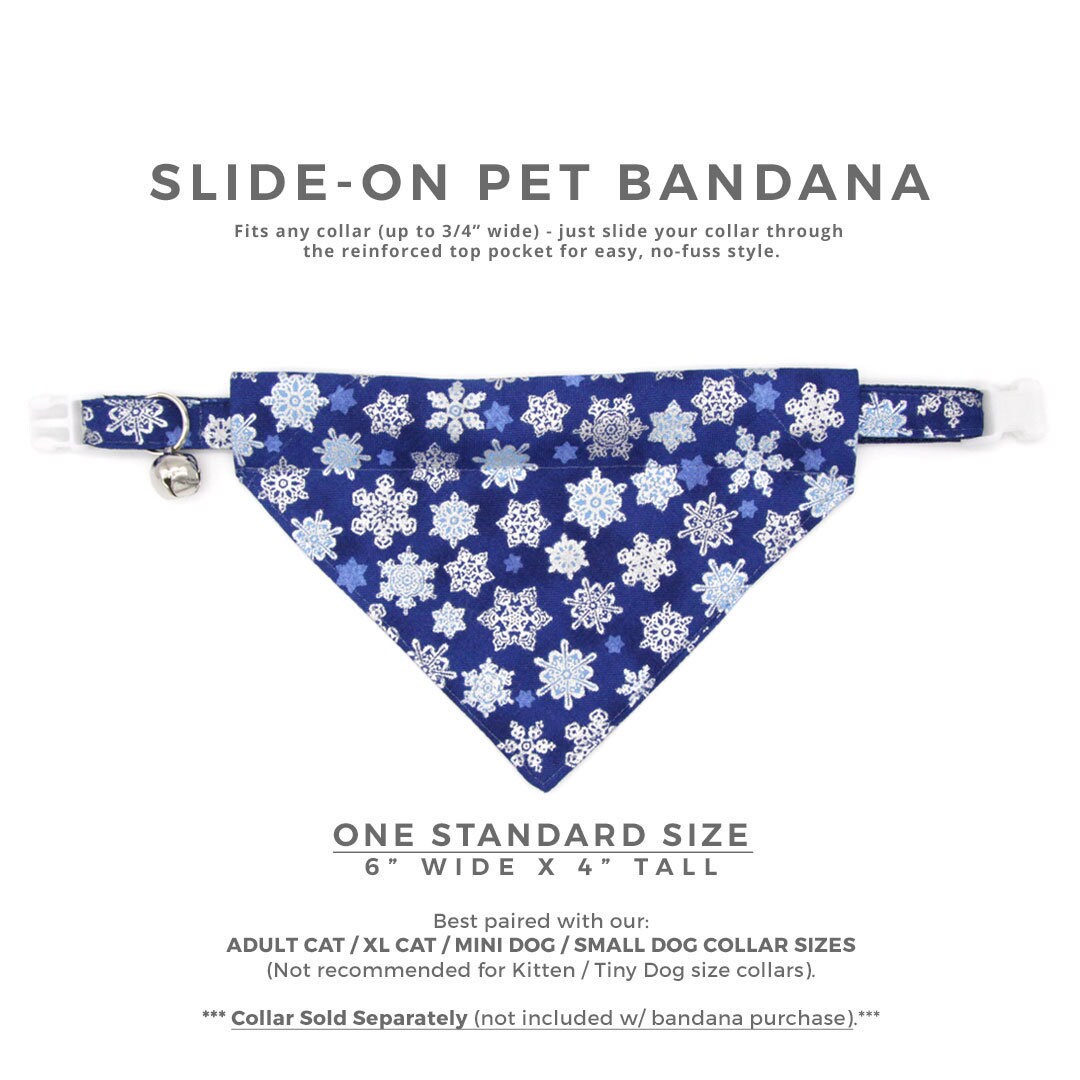 Pet Bandana - "Shimmering Snowflakes - Blue" - Silver & Blue Holiday Bandana for Cat + Small Dog / Winter Solstice / Slide-on Bandana / Over-the-Collar (One Size)