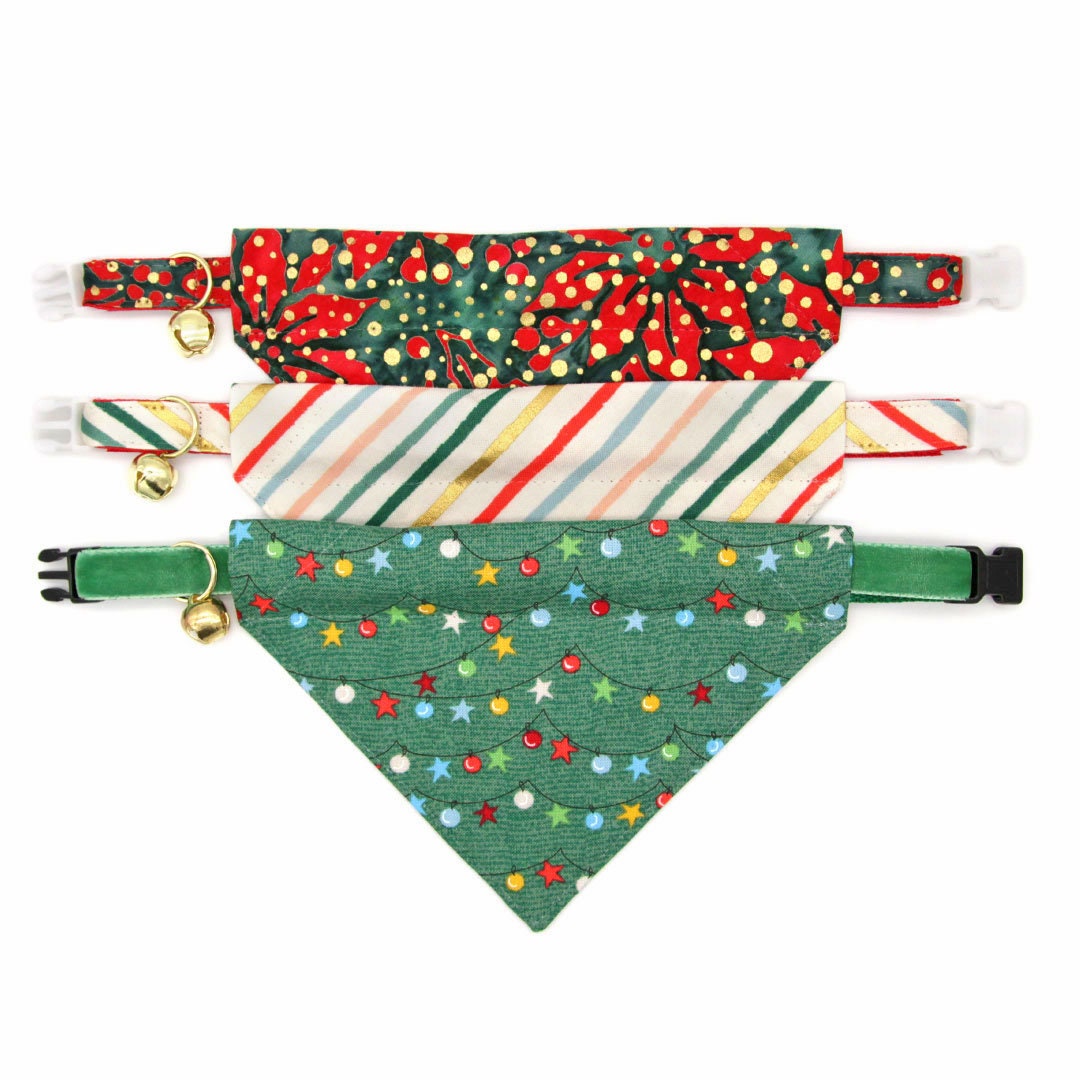 Pet Bandana - "Joy" - Red, Green & Gold Dot Christmas Bandana for Cat + Small Dog / Holiday / Slide-on Bandana / Over-the-Collar (One Size)