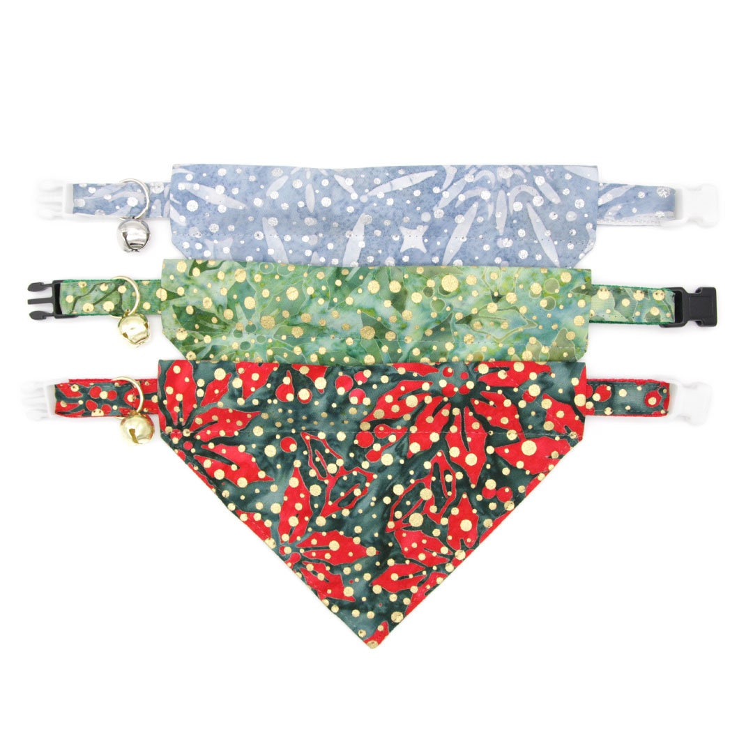 Pet Bandana - "Joy" - Red, Green & Gold Dot Christmas Bandana for Cat + Small Dog / Holiday / Slide-on Bandana / Over-the-Collar (One Size)