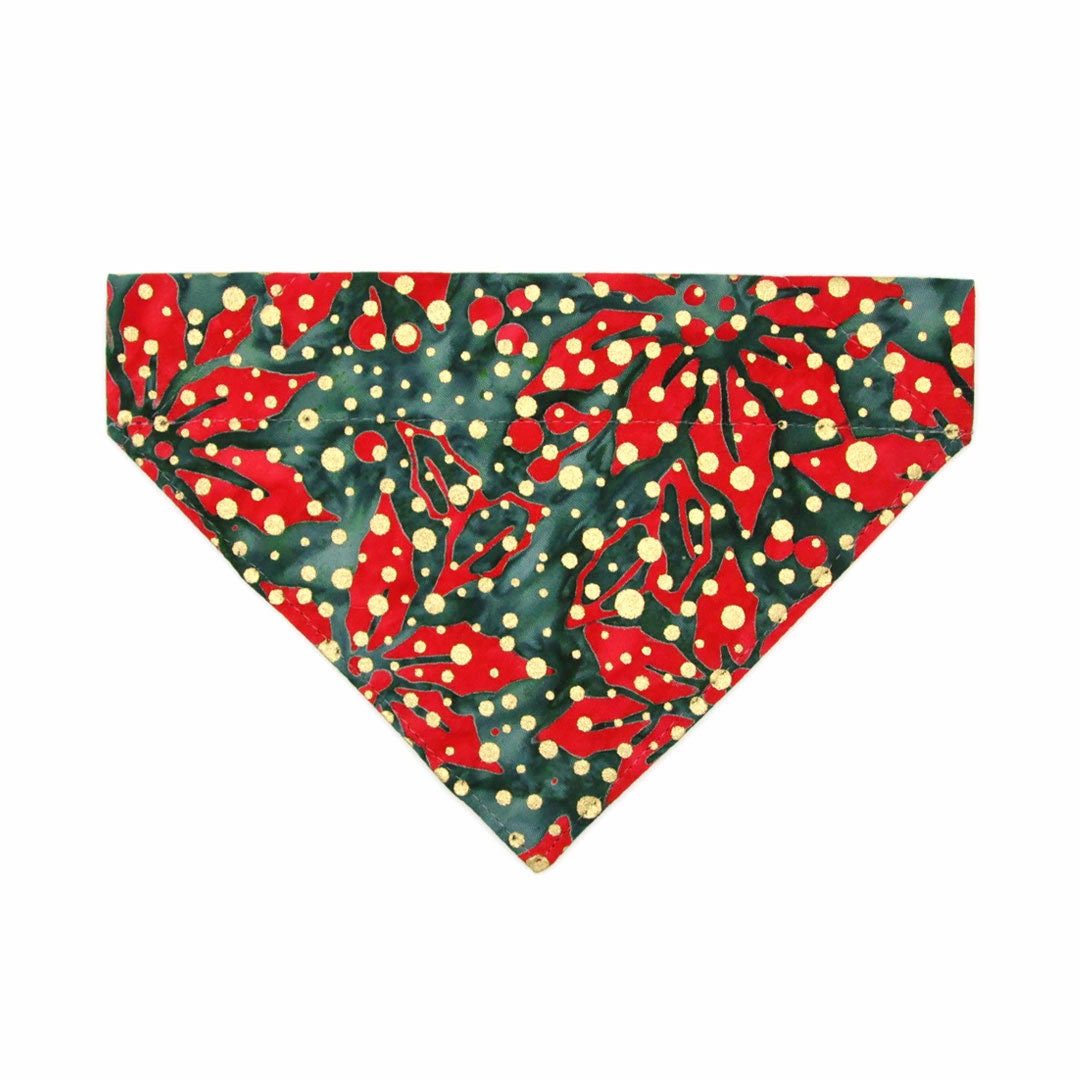 Pet Bandana - "Joy" - Red, Green & Gold Dot Christmas Bandana for Cat + Small Dog / Holiday / Slide-on Bandana / Over-the-Collar (One Size)