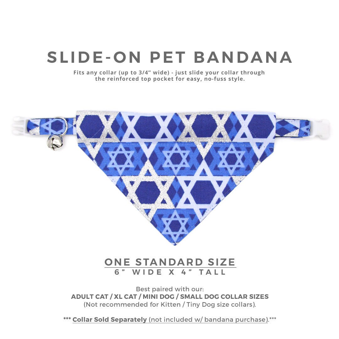 Pet Bandana - "Star of David - Silver & Blue" - Jewish Hanukkah Bandana for Cat + Small Dog / Jewish, Chanukah / Slide-on Bandana / Over-the-Collar (One Size)
