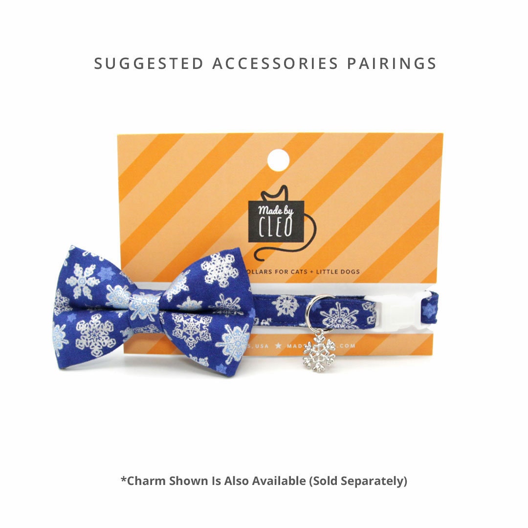 Bow Tie Cat Collar Set - "Shimmering Snowflakes - Blue" - Holiday Blue & Silver Metallic Cat Collar w/ Matching Bowtie / Winter Solstice / Cat, Kitten, Small Dog Sizes