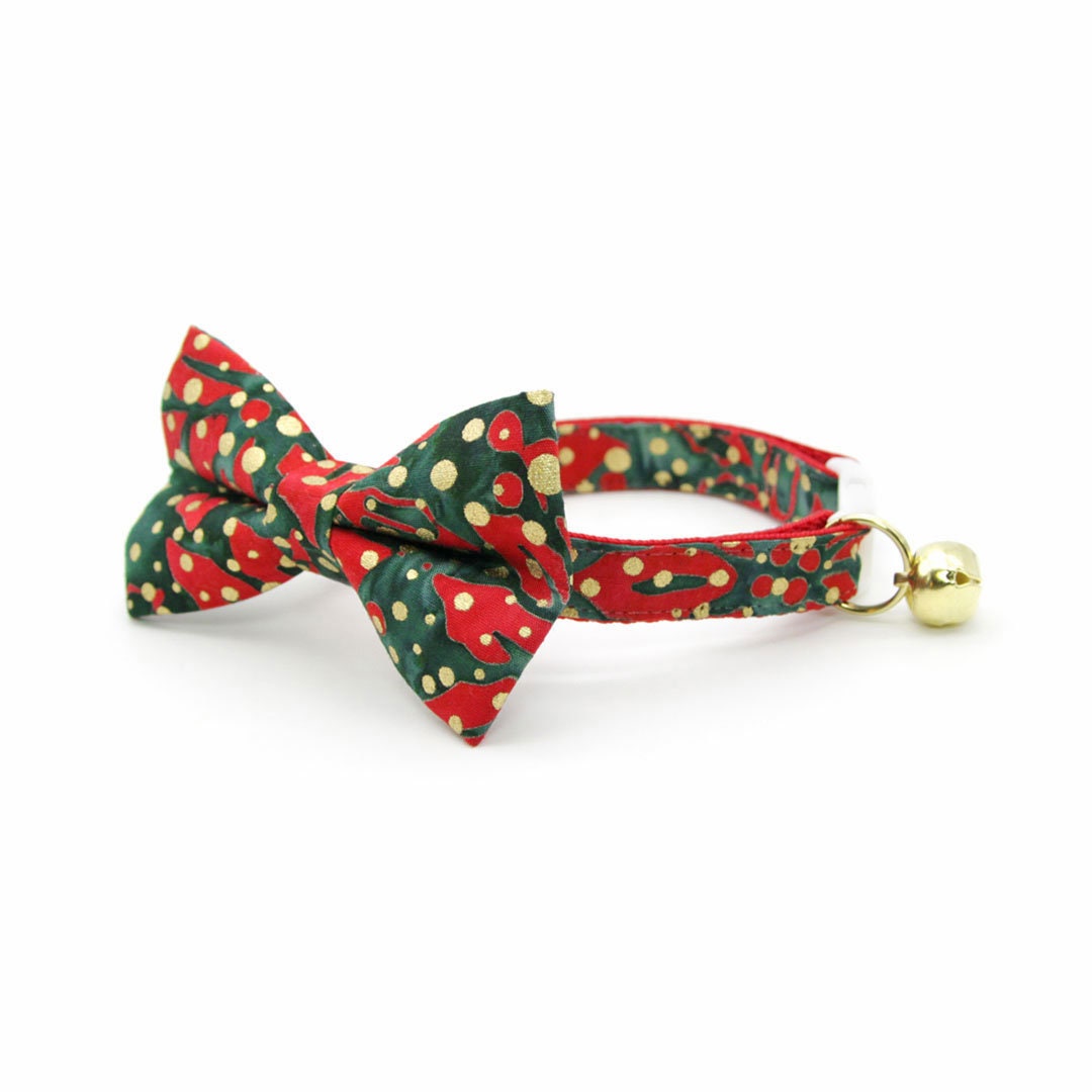 Bow Tie Cat Collar Set - "Joy" - Christmas Red Green & Gold Dot Cat Collar w/ Matching Bowtie / Holiday / Cat, Kitten, Small Dog Sizes