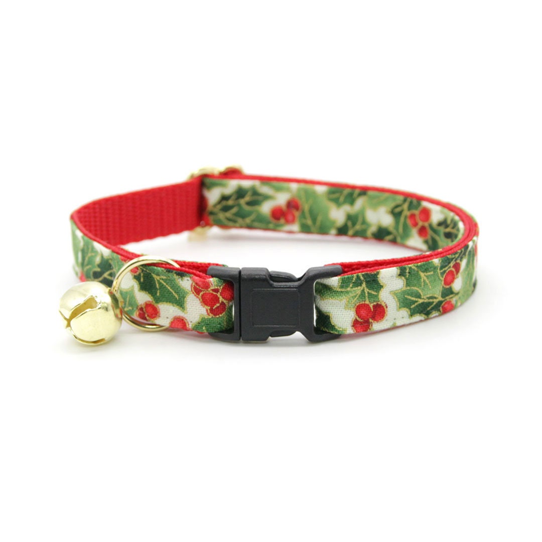 Cat Collar + Flower Set - "Holiday Holly" - Christmas Red Berries & Green Botanical Cat Collar w/ Scarlet Red Felt Flower (Detachable)