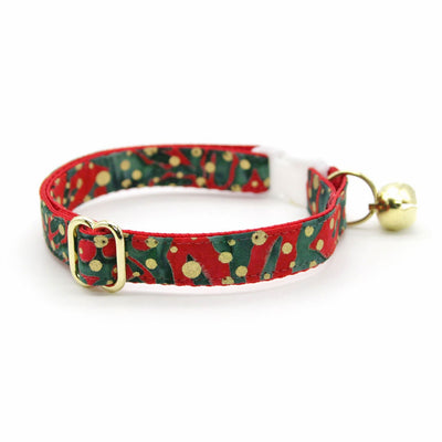 Cat Collar + Flower Set - "Joy" - Red Green & Metallic Gold Dot Christmas Cat Collar + Specialty Christmas Red Poinsettia Felt Flower (Detachable)