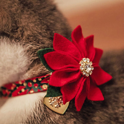 Cat Collar + Flower Set - "Joy" - Red Green & Metallic Gold Dot Christmas Cat Collar + Specialty Christmas Red Poinsettia Felt Flower (Detachable)
