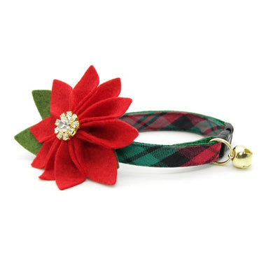 Cat Collar + Flower Set - "Fireside" - Red & Green Holiday Plaid Cat Collar + Specialty Christmas Red Poinsettia Felt Flower (Detachable)