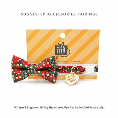 Cat Collar + Flower Set - "Joy" - Red Green & Metallic Gold Dot Christmas Cat Collar + Specialty Christmas Red Poinsettia Felt Flower (Detachable)