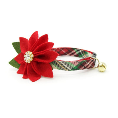Cat Collar + Flower Set - "Birchwood" - Holiday Red & Green Plaid Cat Collar + Specialty Christmas Red Poinsettia Felt Flower (Detachable)