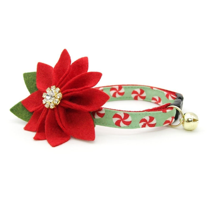 Cat Collar + Flower Set - "Peppermint Twist" - Green Christmas Candy Cane Cat Collar + Specialty Christmas Red Poinsettia Felt Flower (Detachable)