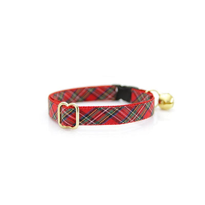 Cat Collar + Flower Set - "Hearthside" - Christmas Tartan Plaid Red Cat Collar + Specialty Christmas Red Poinsettia Felt Flower (Detachable)