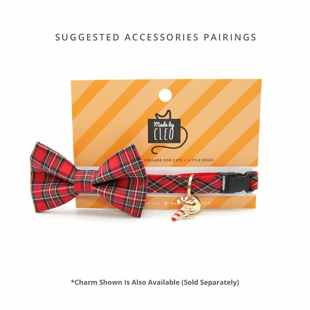 Cat Collar + Flower Set - "Hearthside" - Christmas Tartan Plaid Red Cat Collar + Specialty Christmas Red Poinsettia Felt Flower (Detachable)