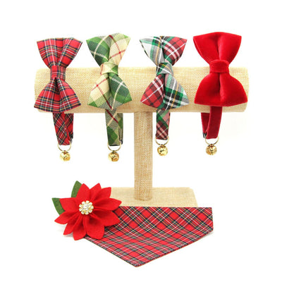 Cat Collar + Flower Set - "Hearthside" - Christmas Tartan Plaid Red Cat Collar + Specialty Christmas Red Poinsettia Felt Flower (Detachable)