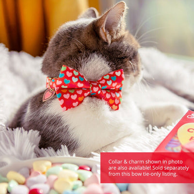 Pet Bow Tie - "Modern Love" - Candy Hearts on Red Cat Bow Tie / Valentine's Day / For Cats + Small Dogs (One Size)