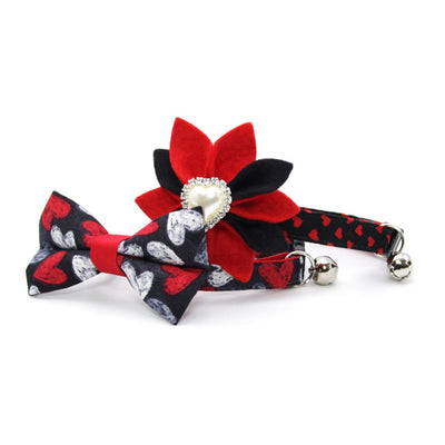 Bow Tie Cat Collar Set - "Chalk It Up To Love" - Black, White & Red Heart Cat Collar w/ Matching Bowtie / Valentine's Day / Cat, Kitten, Small Dog Sizes