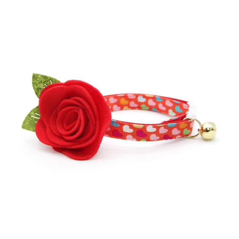Cat Collar + Flower Set - "Modern Love" - Candy Hearts on Red Cat Collar + Scarlet Red Felt Flower (Detachable) / Valentine's Day