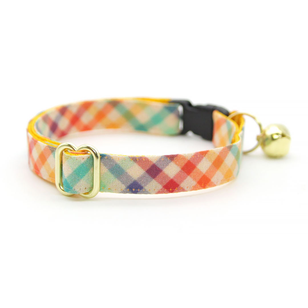 Bow Tie Cat Collar Set - "Golden Hour" - Rainbow Plaid Cat Collar w/ Matching Bowtie / Easter, Spring, Summer, Fall / Cat, Kitten, Small Dog Sizes