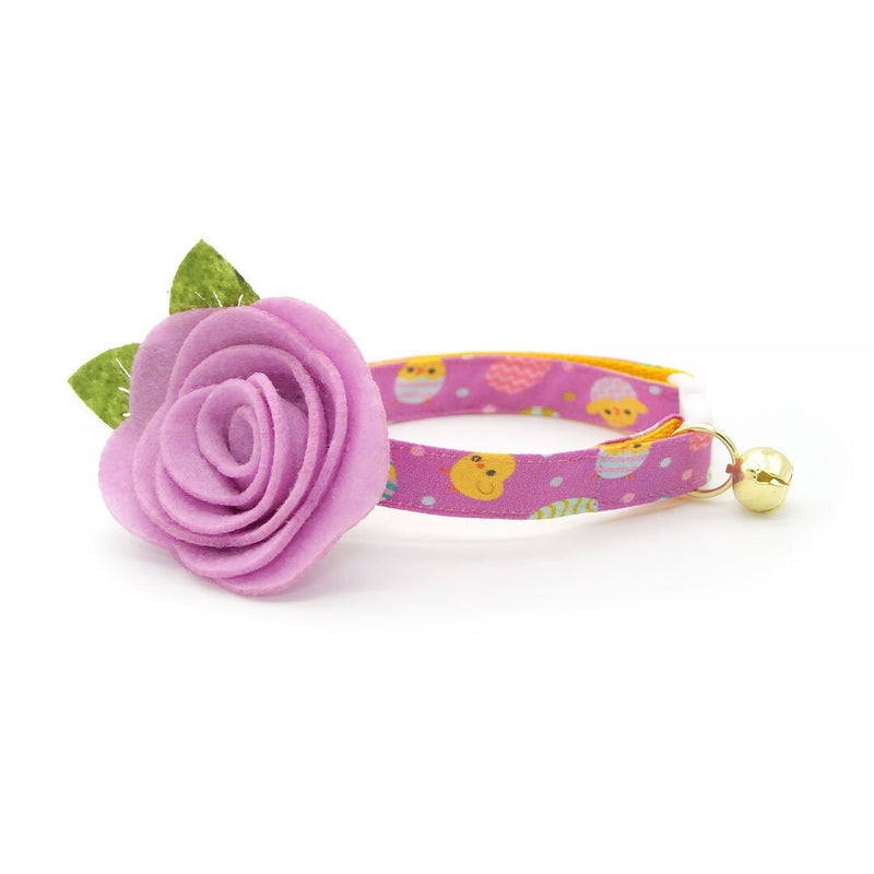 Cat Collar + Flower Set - "Just Hatched" - Purple Easter Egg & Chicks Cat Collar w/ Lavender Felt Flower (Detachable)