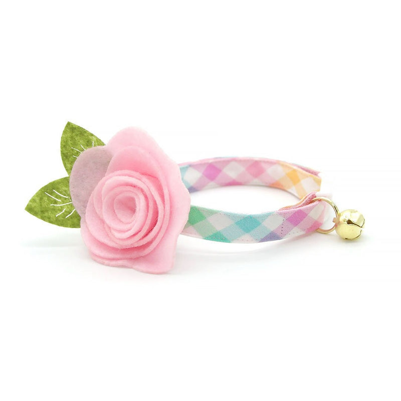 Cat Collar + Flower Set - "Dawn" - Pastel Plaid Cat Collar w/ Baby Pink Felt Flower (Detachable)