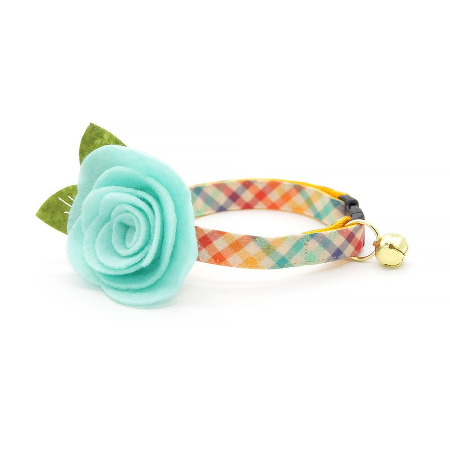 Cat Collar + Flower Set - "Golden Hour" - Rainbow Plaid Cat Collar w/ Mint Felt Flower (Detachable)