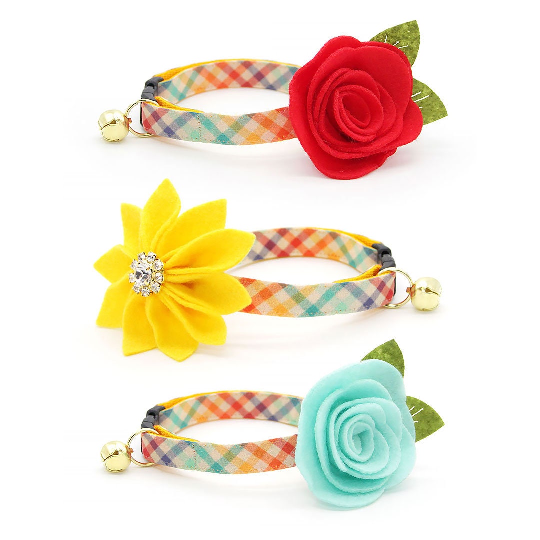 Cat Collar - "Golden Hour" - Rainbow Plaid Cat Collar / Breakaway Buckle or Non-Breakaway / Cat, Kitten + Small Dog Sizes