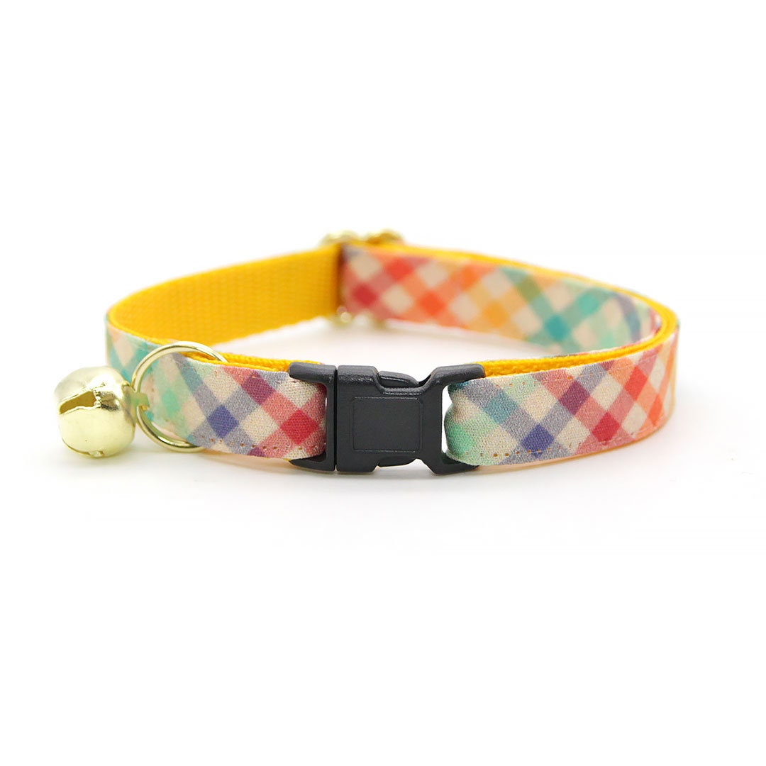 Bow Tie Cat Collar Set - "Golden Hour" - Rainbow Plaid Cat Collar w/ Matching Bowtie / Easter, Spring, Summer, Fall / Cat, Kitten, Small Dog Sizes