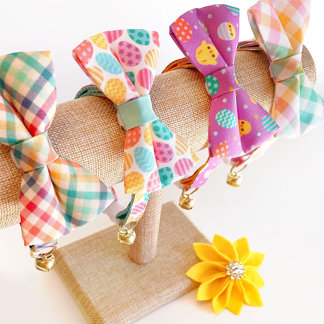 Cat Collar + Flower Set - "Golden Hour" - Rainbow Plaid Cat Collar w/ Mint Felt Flower (Detachable)