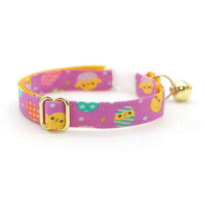 Cat Collar + Flower Set - "Just Hatched" - Purple Easter Egg & Chicks Cat Collar w/ Buttercup Yellow Felt Flower (Detachable)