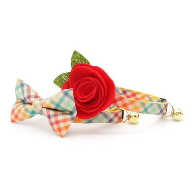 Cat Collar + Flower Set - "Golden Hour" - Rainbow Plaid Cat Collar w/ Scarlet Red Felt Flower (Detachable)