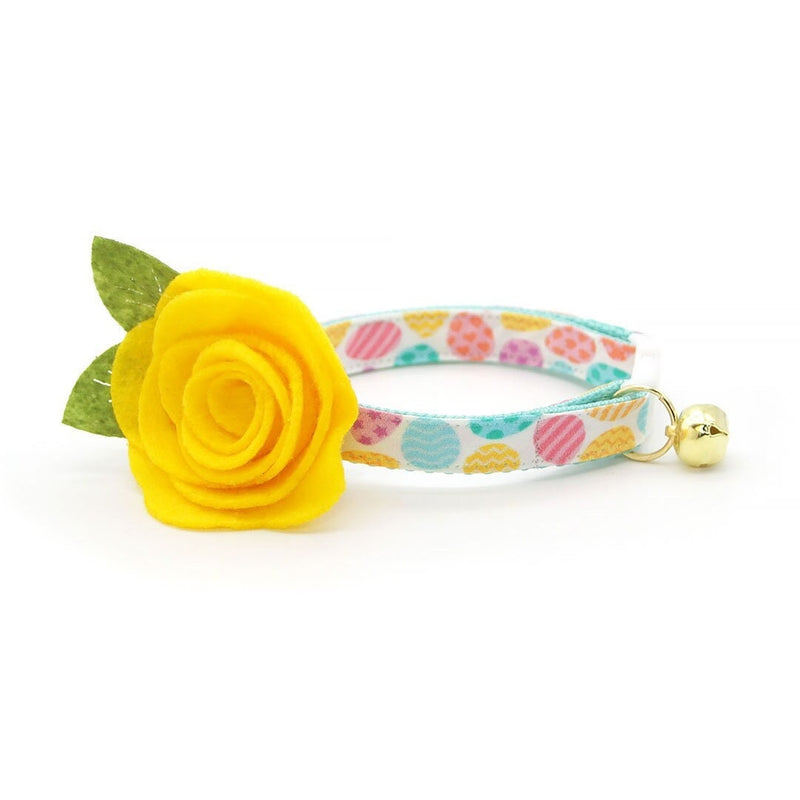 Cat Collar + Flower Set - "Candy Eggs" - Easter Egg Cat Collar w/ Buttercup Yellow Felt Flower (Detachable)