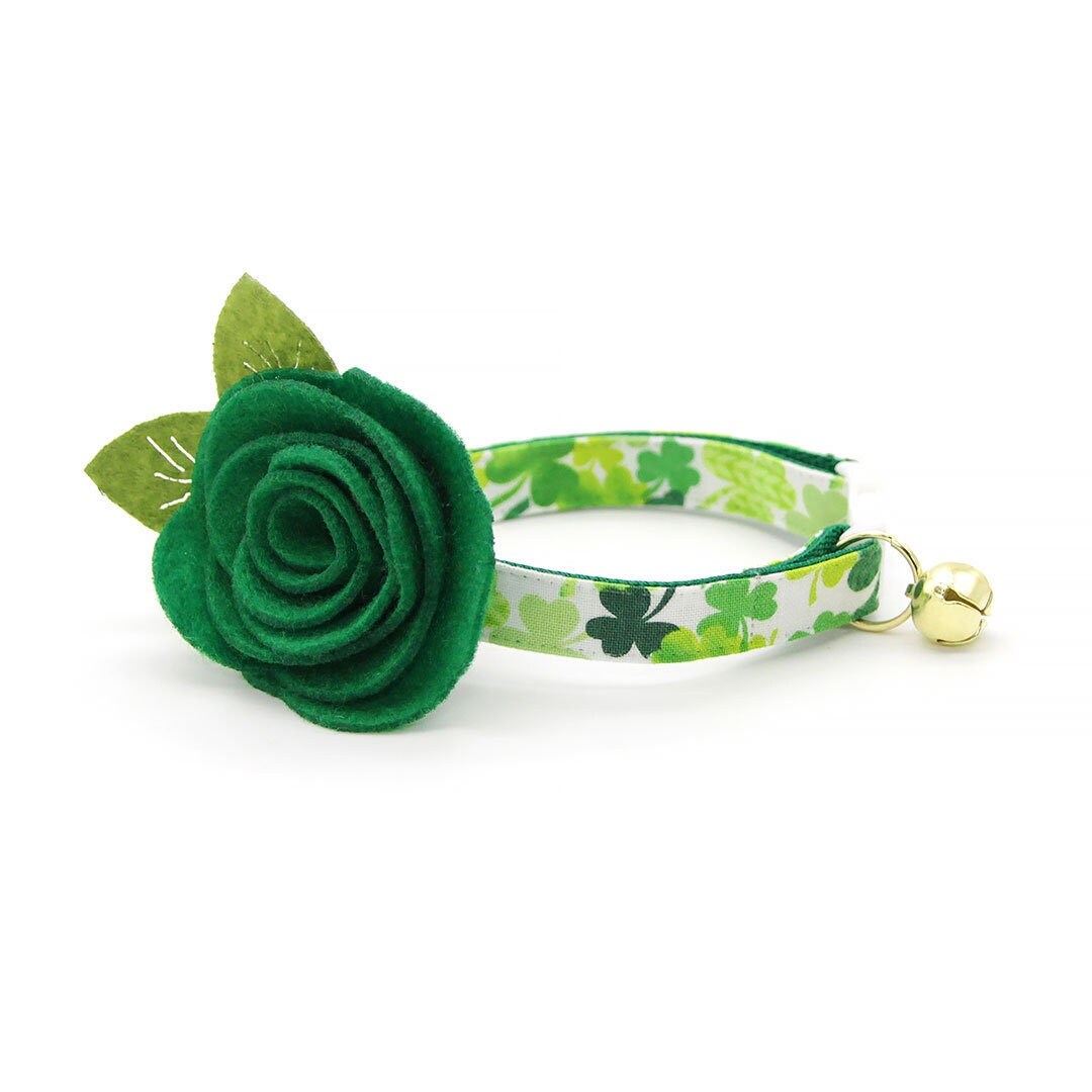 Cat Collar + Flower Set - "Shamrock Spirit" - St. Patrick's Day Cat Collar w/ Clover Green Felt Flower (Detachable)