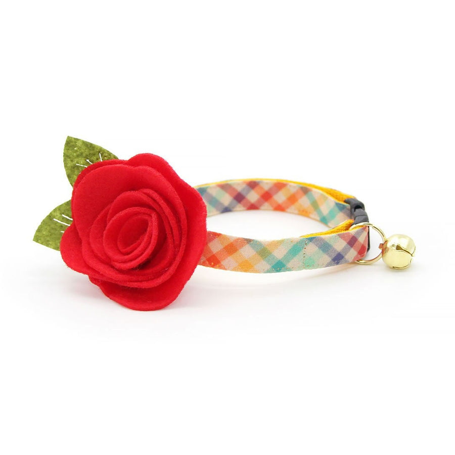 Cat Collar + Flower Set - "Golden Hour" - Rainbow Plaid Cat Collar w/ Scarlet Red Felt Flower (Detachable)