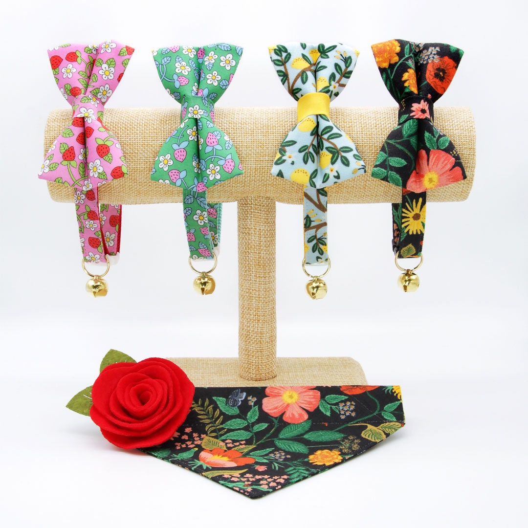 Pet Bow Tie - "Wild Strawberry - Pink" - Liberty of London® Berry Floral Cat Bow Tie / Spring + Summer / For Cats + Small Dogs (One Size)