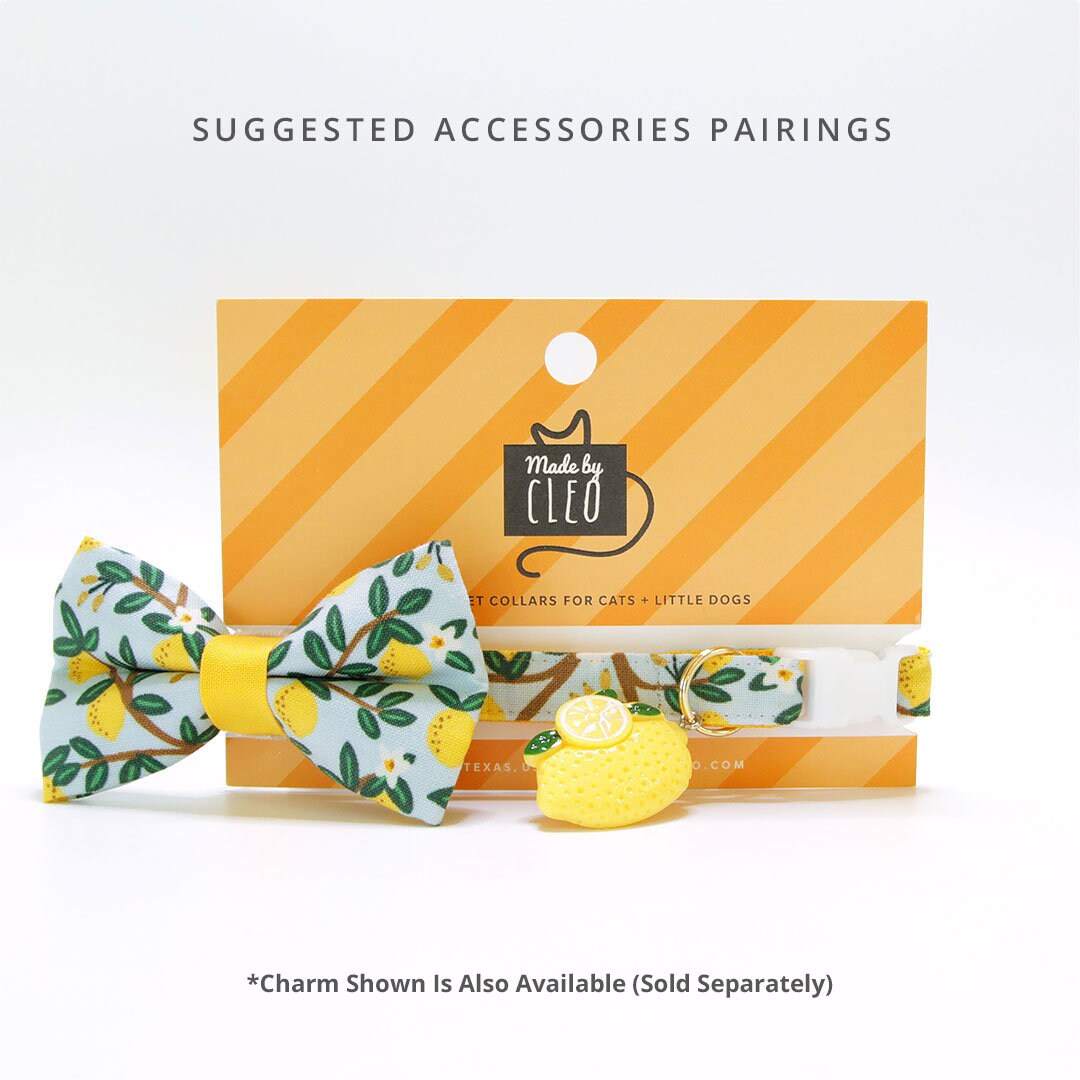 Bow Tie Cat Collar Set - "Lemon Drops" - Rifle Paper Co® Light Blue & Yellow Cat Collar w/ Matching Bowtie / Cat, Kitten, Small Dog Sizes