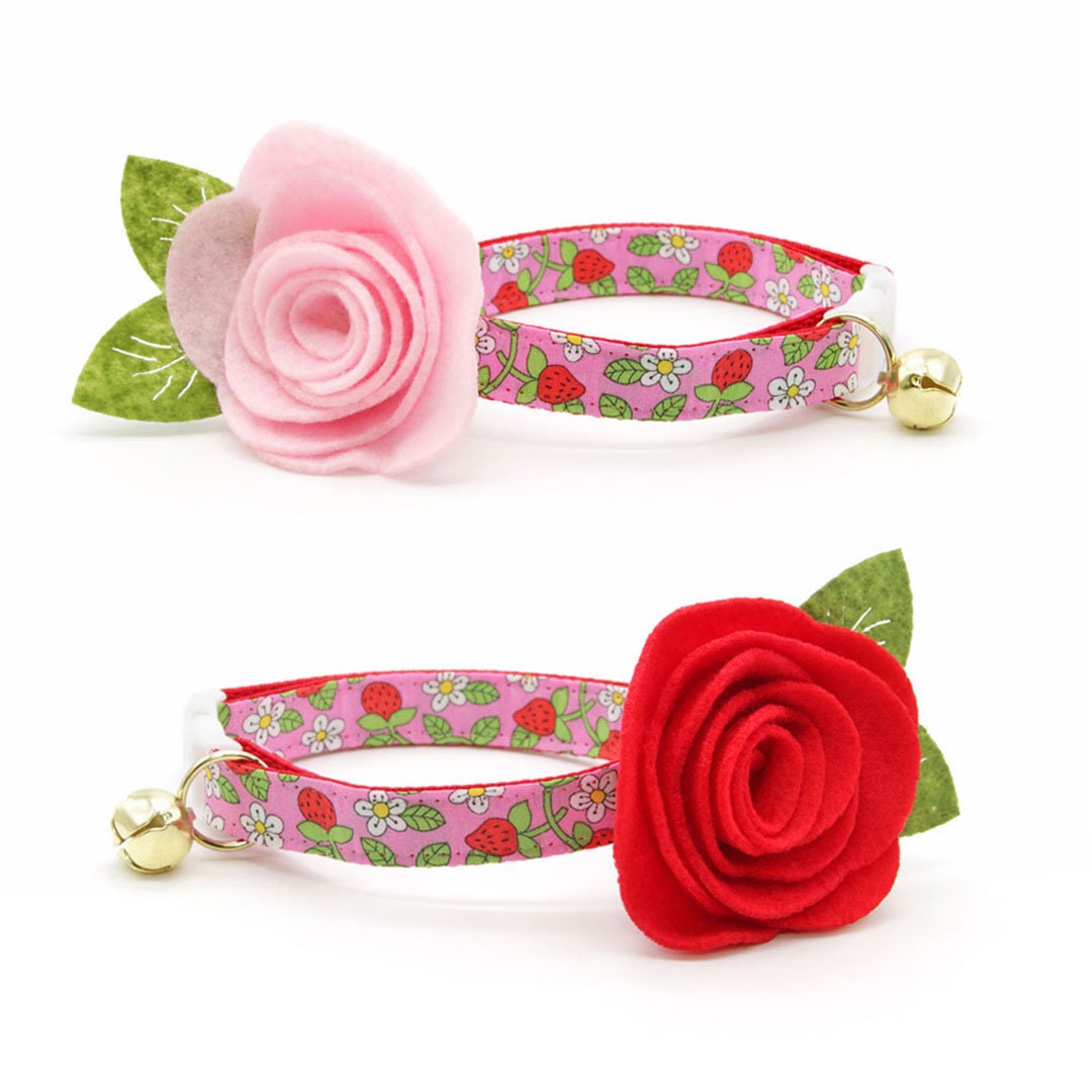 Cat Collar - "Wild Strawberry - Pink" - Liberty of London® Berry Floral Cat Collar / Breakaway Buckle or Non-Breakaway / Cat, Kitten + Small Dog Sizes