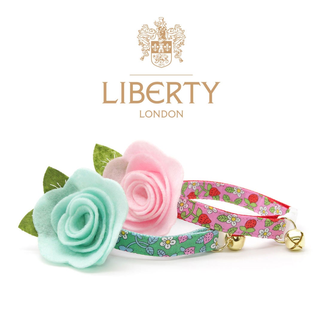 Cat Collar - "Wild Strawberry - Pink" - Liberty of London® Berry Floral Cat Collar / Breakaway Buckle or Non-Breakaway / Cat, Kitten + Small Dog Sizes