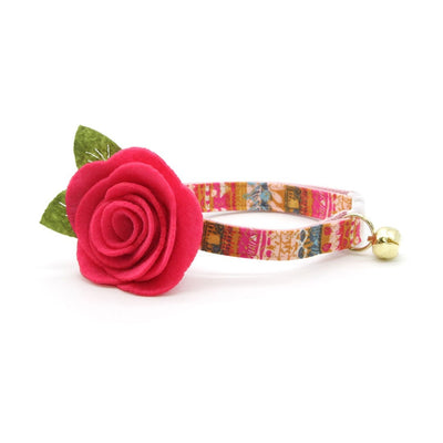 Cat Collar + Flower Set - "Sun Goddess" - Pink Boho Cat Collar w/ Fuchsia Pink Felt Flower (Detachable)