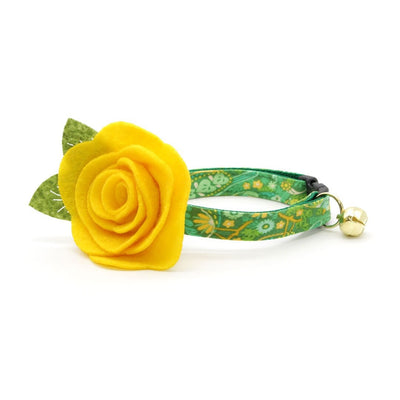 Cat Collar + Flower Set - "Oasis" - Green Paisley Cat Collar w/ Buttercup Yellow Felt Flower (Detachable)