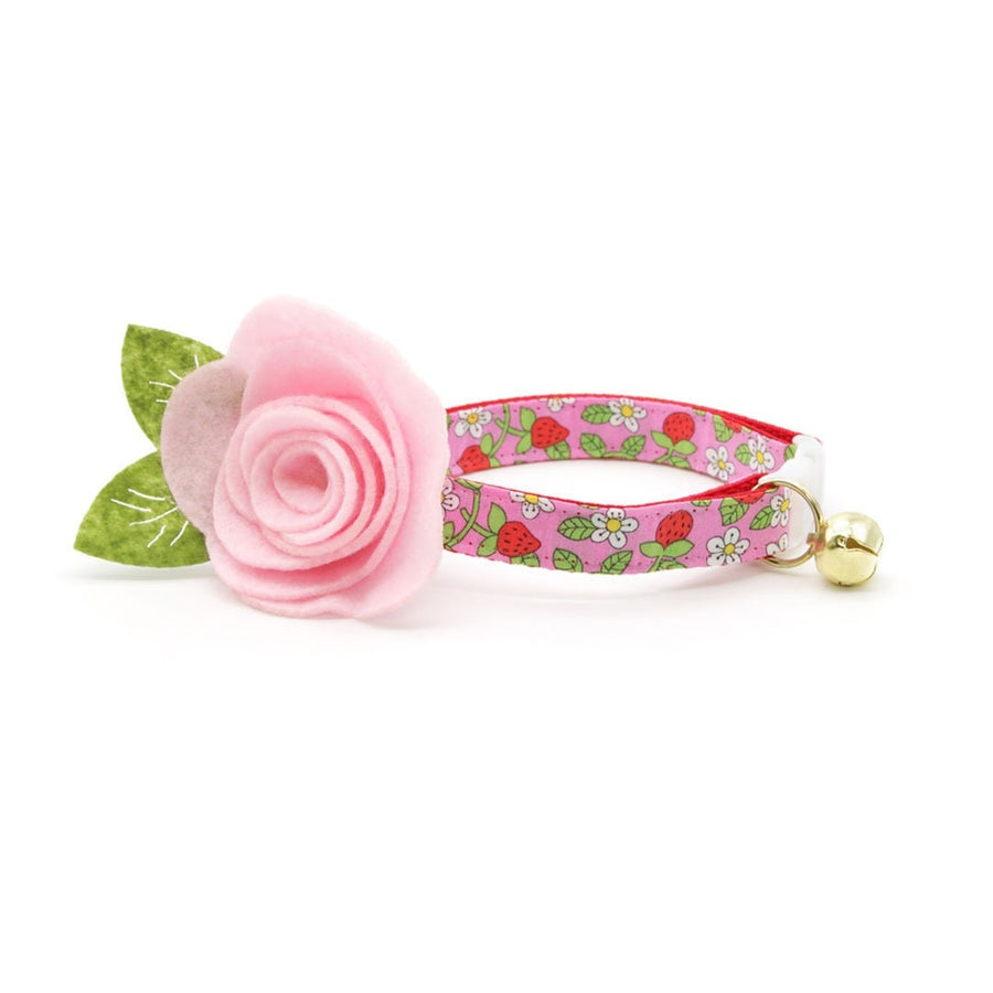 Cat Collar + Flower Set - "Wild Strawberry - Pink" - Liberty of London® Floral Cat Collar w/ Baby Pink Felt Flower (Detachable)