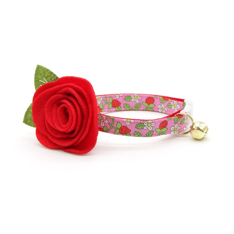 Cat Collar + Flower Set - "Wild Strawberry - Pink" - Liberty of London® Floral Cat Collar w/ Scarlet Red Felt Flower (Detachable)