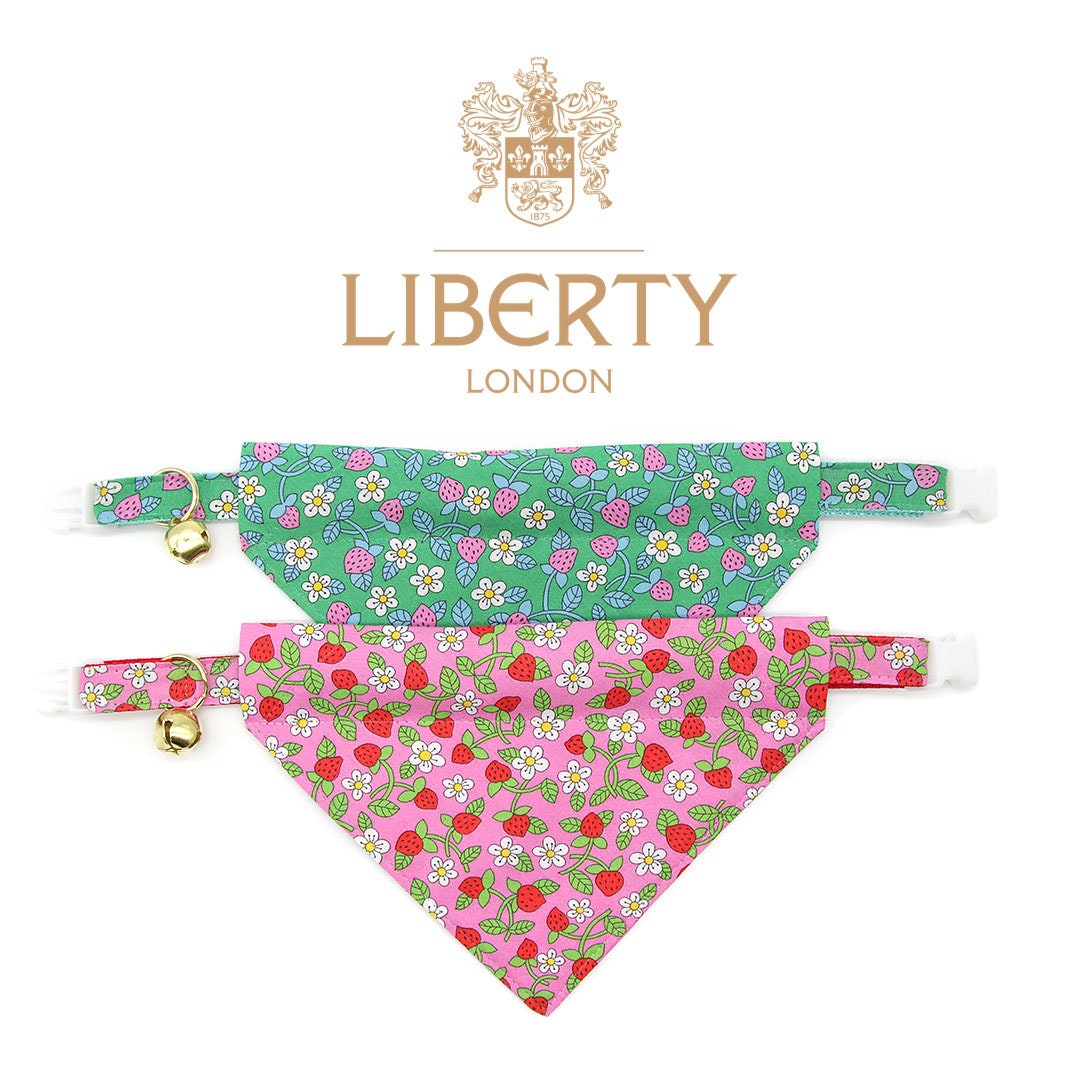 Pet Bandana - "Wild Strawberry - Pink" - Liberty of London® Berry Floral Bandana for Cat + Small Dog / Spring + Summer / Slide-on Bandana / Over-the-Collar (One Size)