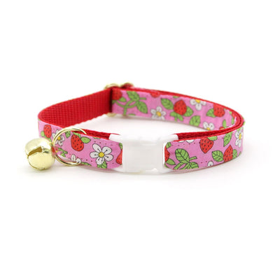 Cat Collar + Flower Set - "Wild Strawberry - Pink" - Liberty of London® Floral Cat Collar w/ Scarlet Red Felt Flower (Detachable)