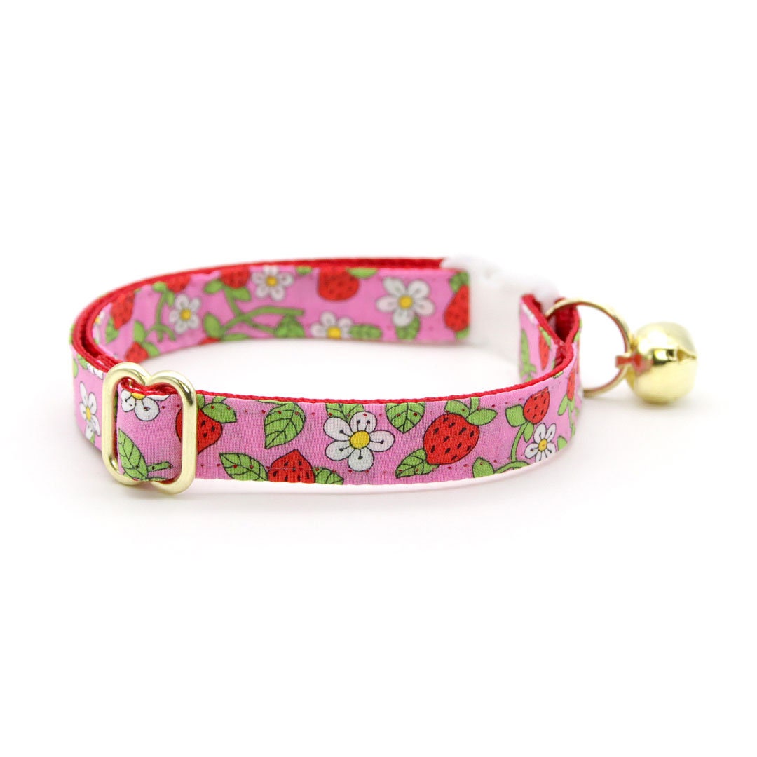 Cat Collar + Flower Set - "Wild Strawberry - Pink" - Liberty of London® Floral Cat Collar w/ Scarlet Red Felt Flower (Detachable)