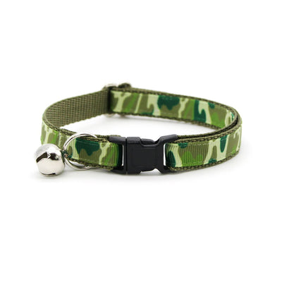 Cat Collar + Flower Set - "Commando" - Army Green Camo Cat Collar w/ Clover Green Felt Flower (Detachable)