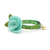 Cat Collar + Flower Set - "Oasis" - Green Paisley Cat Collar w/ Mint Felt Flower (Detachable)