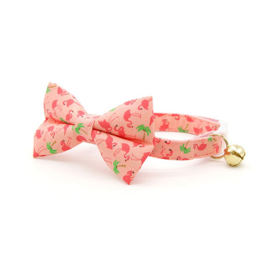 Bow Tie Cat Collar Set - "Flamingo Palms - Coral Pink" - Tropical Cat Collar w/ Matching Bowtie / Summer, Beach / Cat, Kitten, Small Dog Sizes