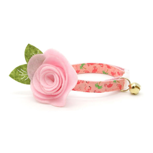 Cat Collar + Flower Set - "Flamingo Palms - Coral Pink" - Tropical Cat Collar w/ Baby Pink Felt Flower (Detachable)