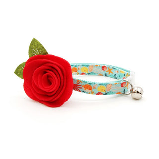 Cat Collar + Flower Set - "Ocean Life" - Aquatic Fish Cat Collar w/ Scarlet Felt Flower (Detachable) - Adult Cat (8-13) / Breakaway / Gold